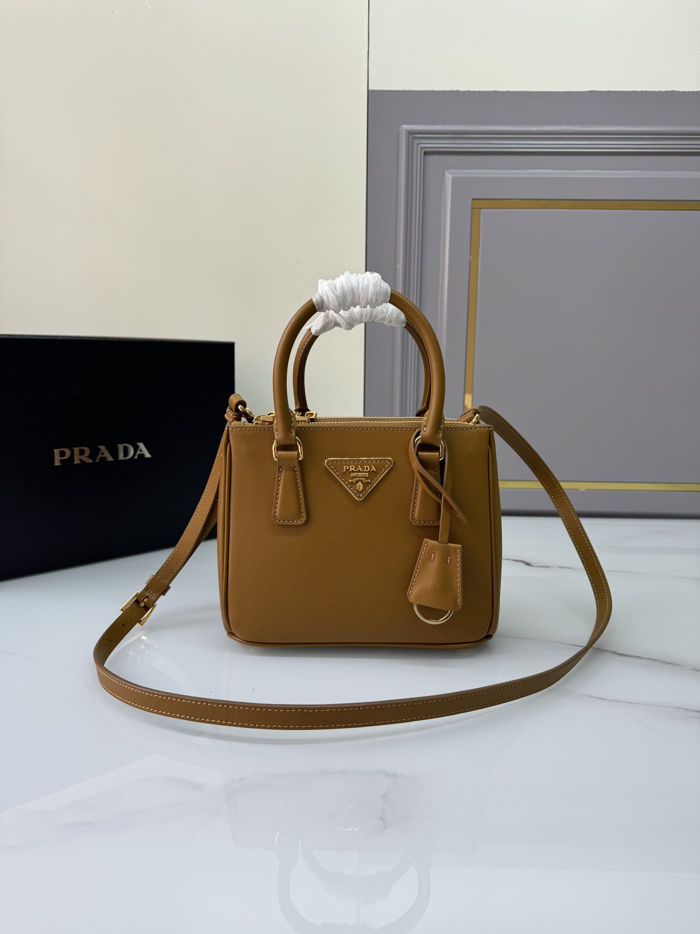TOP PRADA Galleria Leather Handbags 20x15x9.5cm/32×24×14cm - Brown