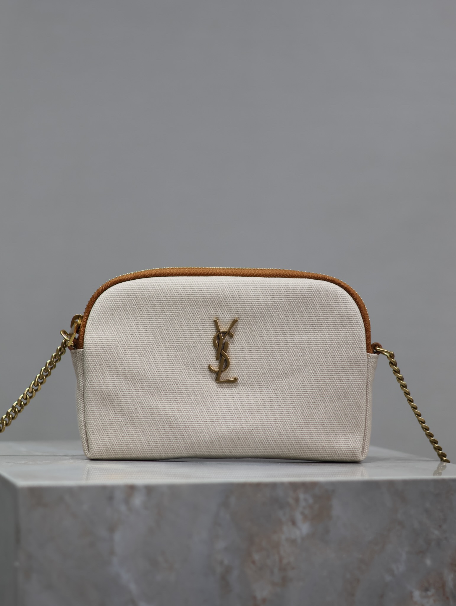 TOP Yves Saint Laurent YSL Gaby Bag Canvas 19x3x3.5cm - Beige&GHW
