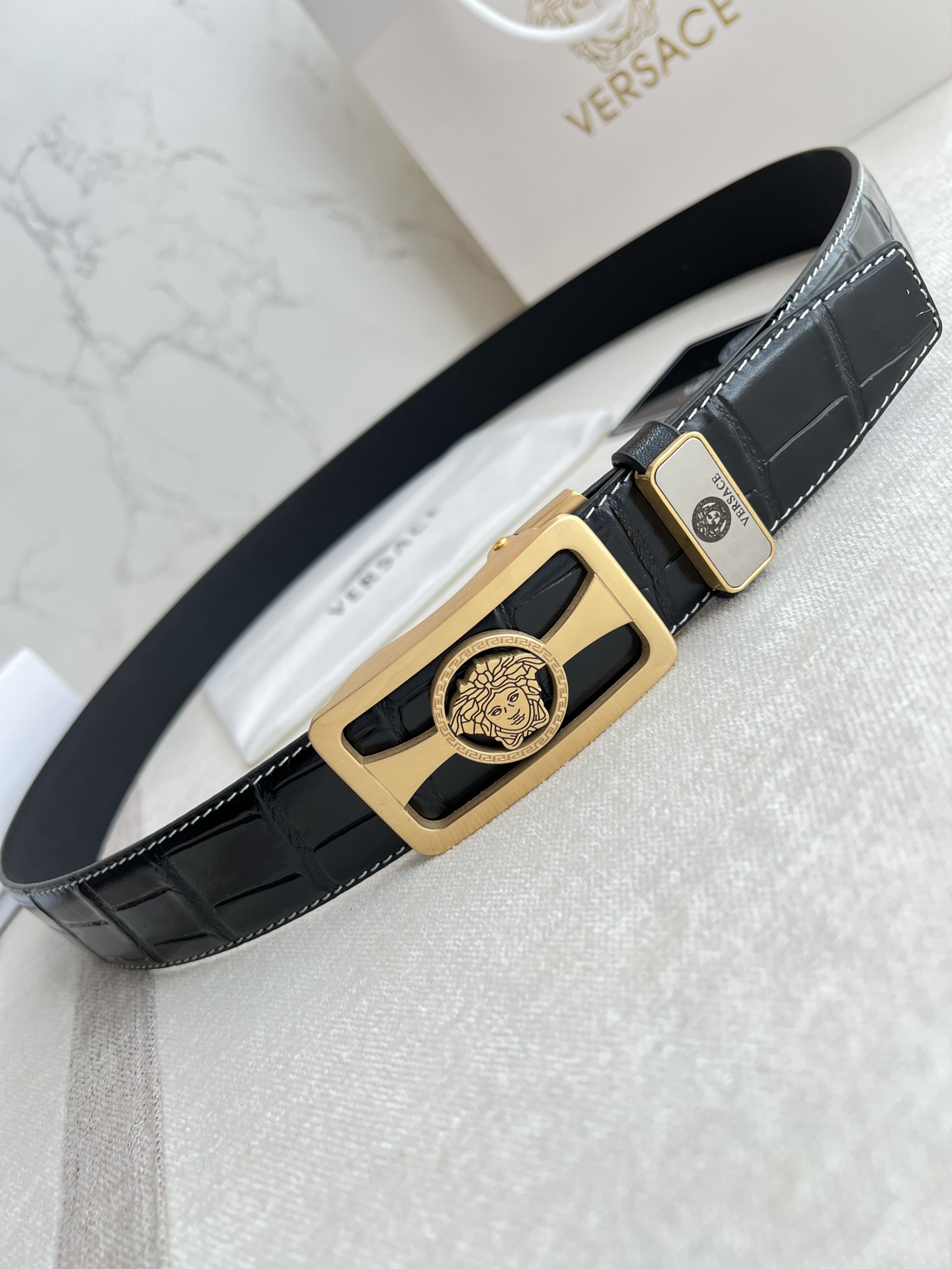 VERSACE Hollow Square Medusa Automatic Buckle Belt, Crocodile Embossed Leather Belt For Men