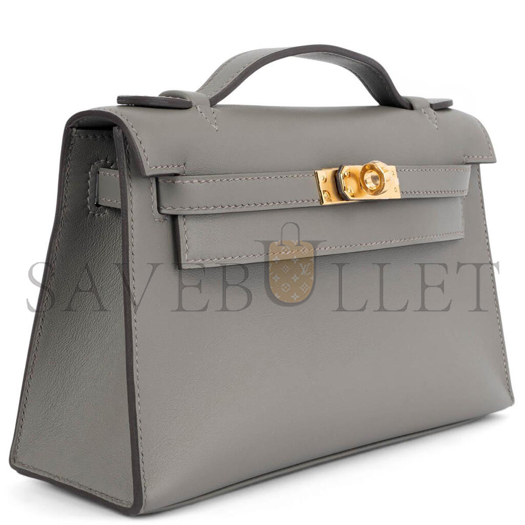 HERMÈS GRIS MEYER GRAY SWIFT LEATHER KELLY POCHETTE CLUTCH BAG W GOLD (22*14*7cm)