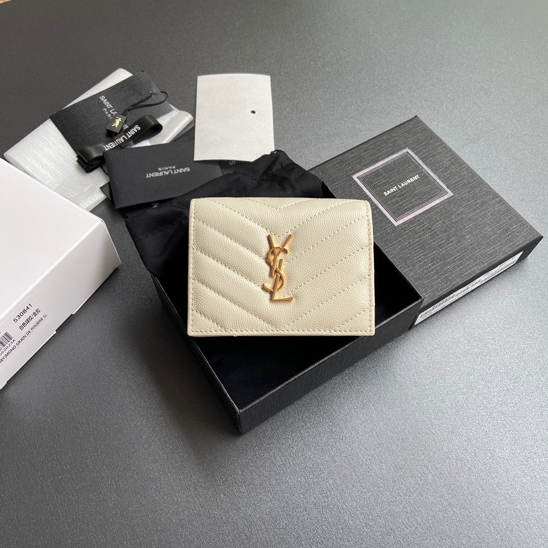 TOP Yves Saint Laurent YSL Calfskin Matelasse Wallet 11x8.5x3cm - Black/Beige & SHW/GHW