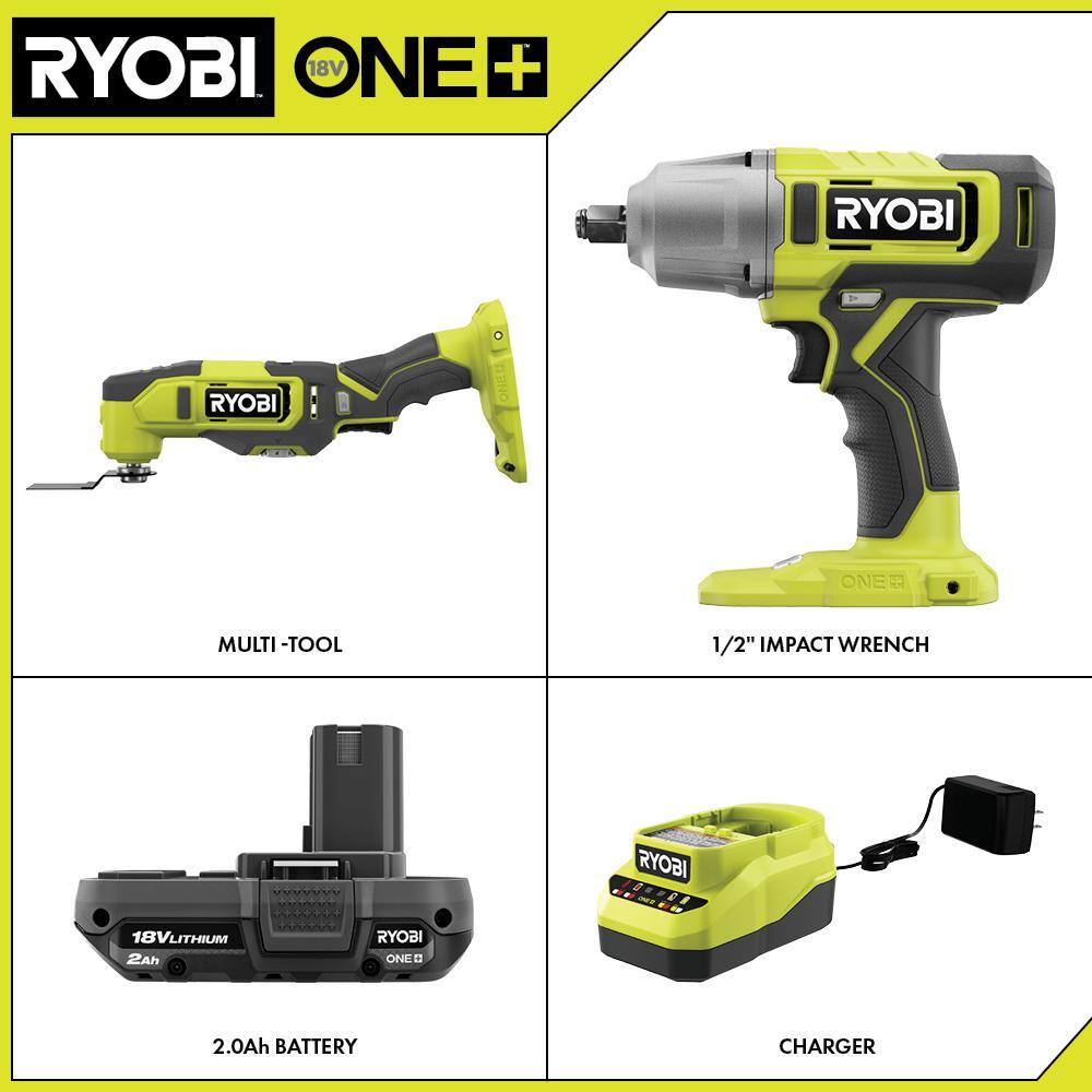 ONE+ 18V Cordless 2-Tool Combo Kit with 1/2 in. Impact Wrench, Multi-Tool, 2.0 Ah Battery, and Charger