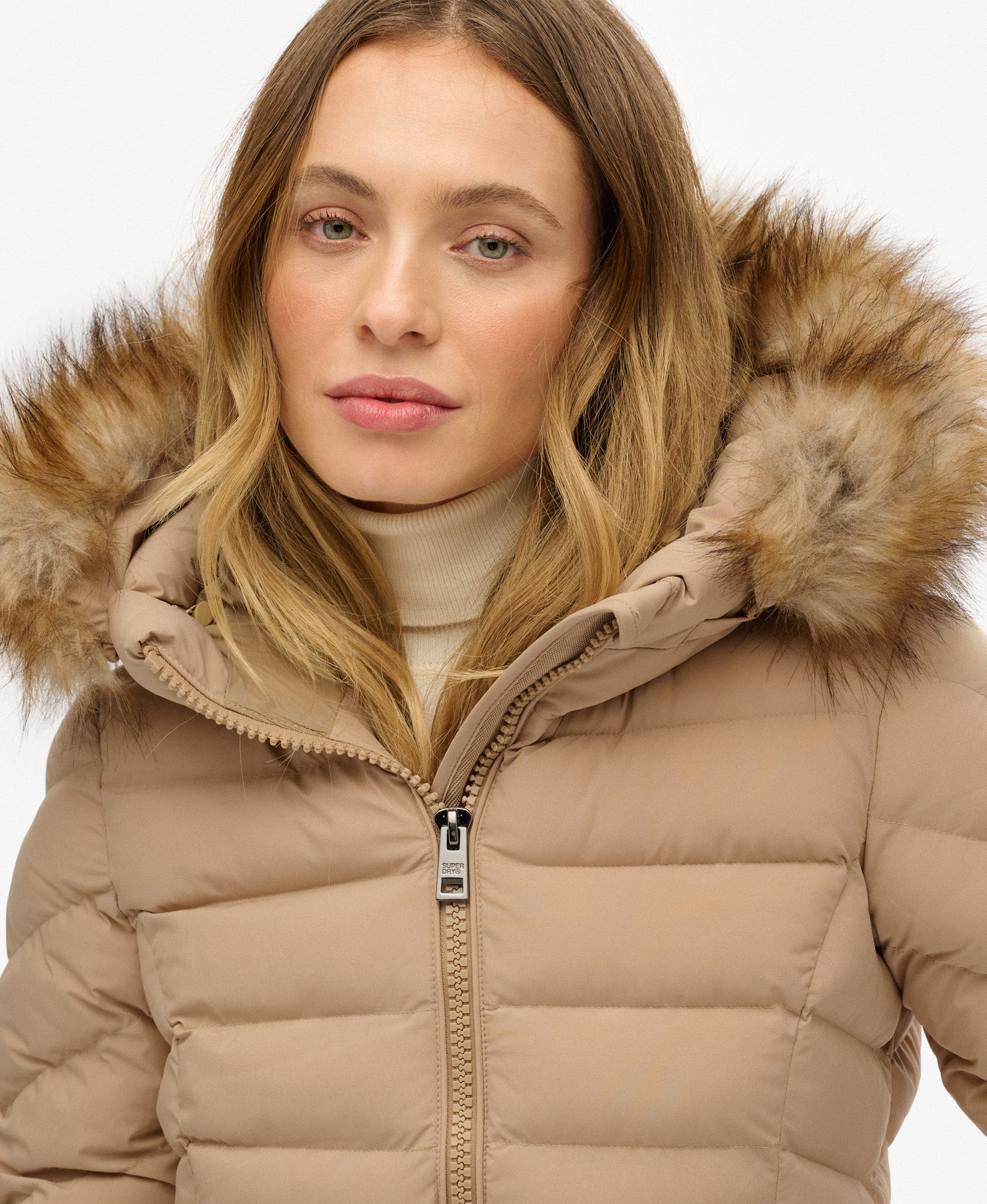 Fuji Faux Fur Hooded Longline Jacket | Shaker Beige