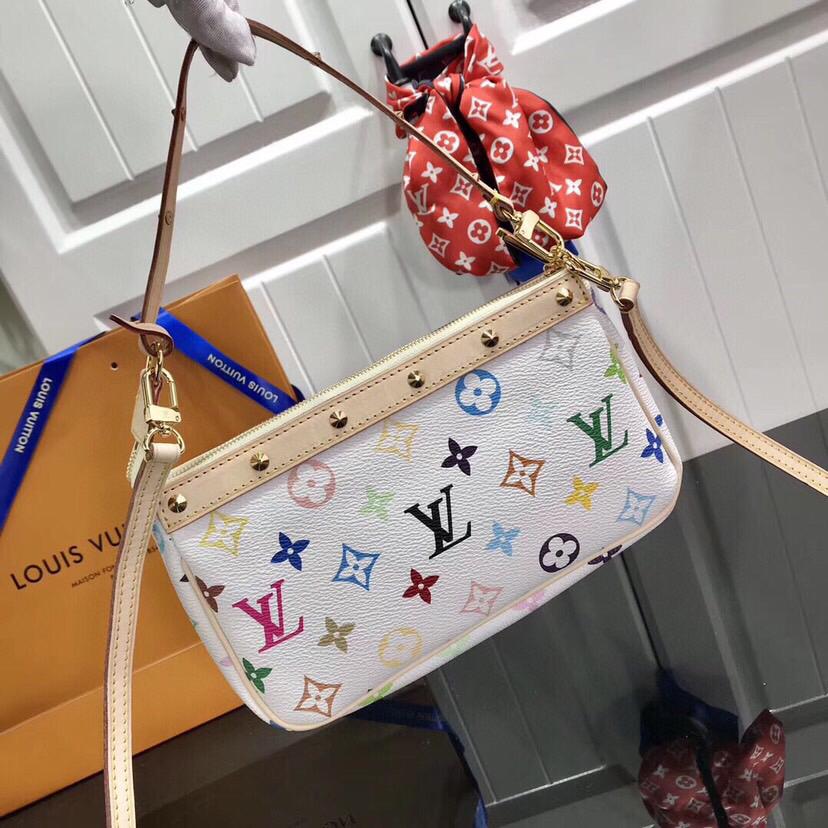 TOP Louis Vuitton LV Takashi Murakami Monogram Pochette Bag 21X12X3cm- Multicolor