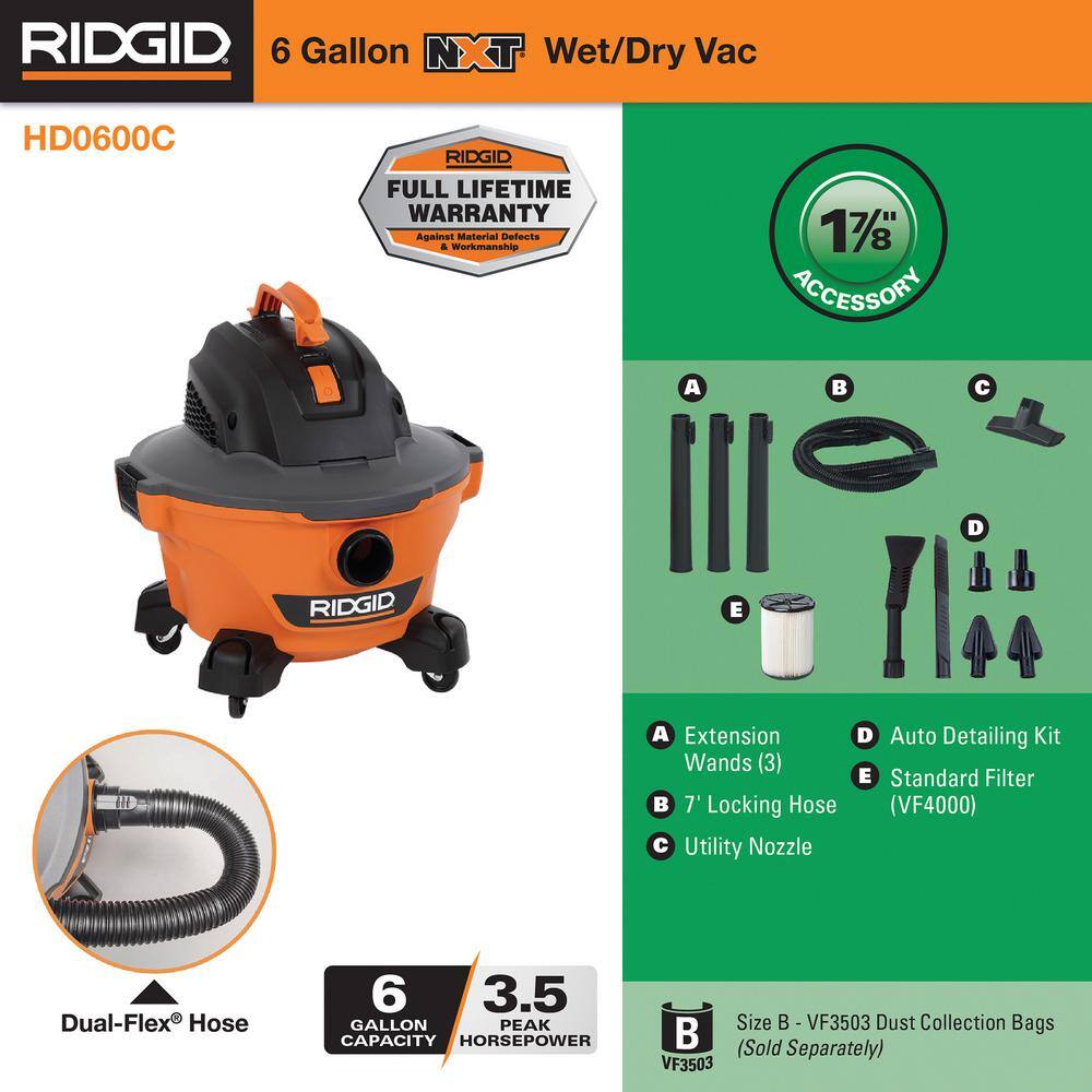 6 Gallon 3.5 Peak HP NXT Shop Vac Wet Dry Vacuum with Filter, Hose, Wands, Utility Nozzle and Car Cleaning Kit