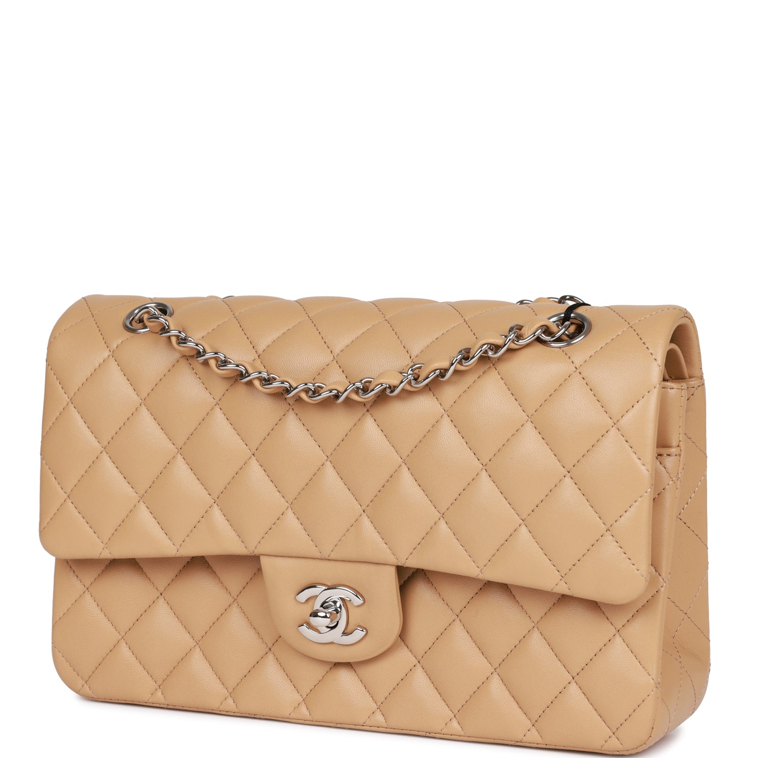 Chanel Classic Flag Bag Medium Classic Double Flap Bag Beige   Silver Hardware