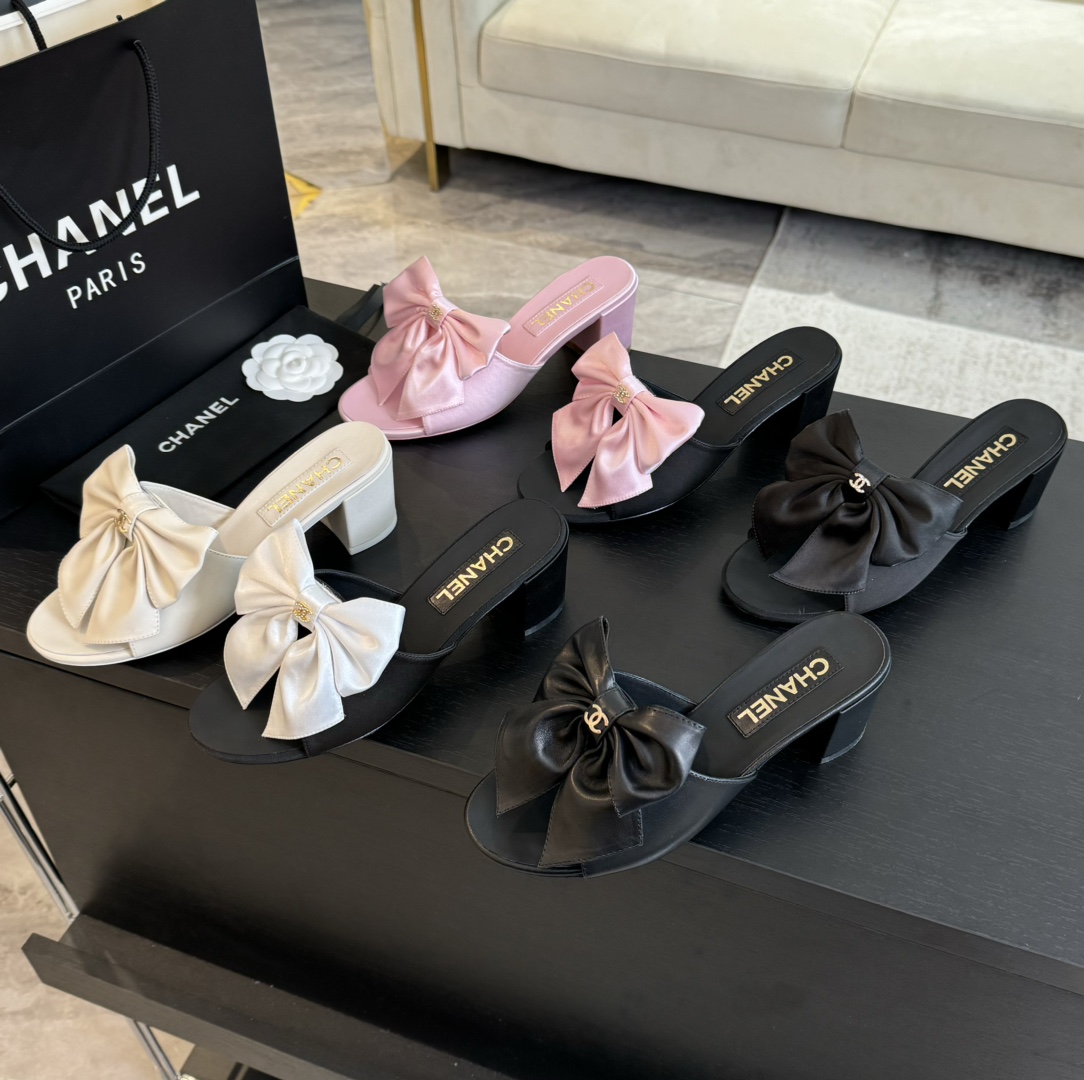 TOP CHANEL Middle Heel Slippers with Bow - 6 Color