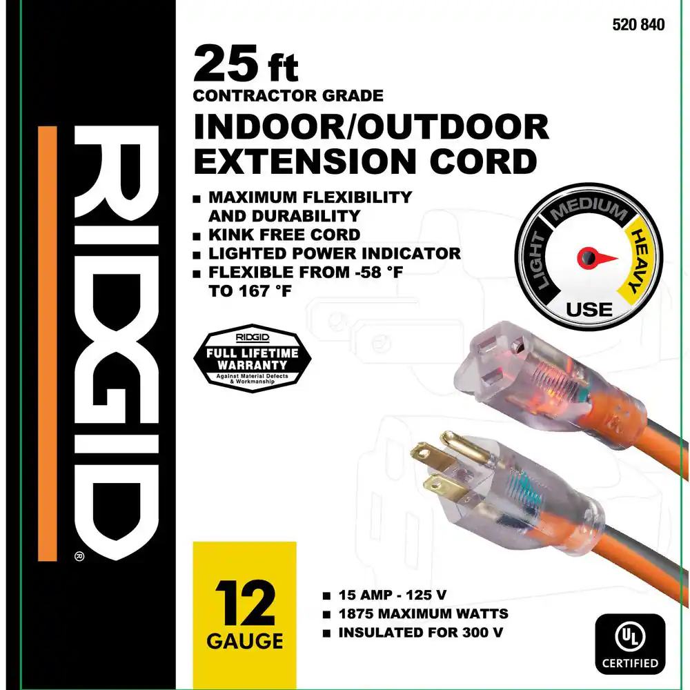 25 ft. 12/3 Heavy Duty Indoor/Outdoor Extension Cord with Lighted End, Orange/Grey