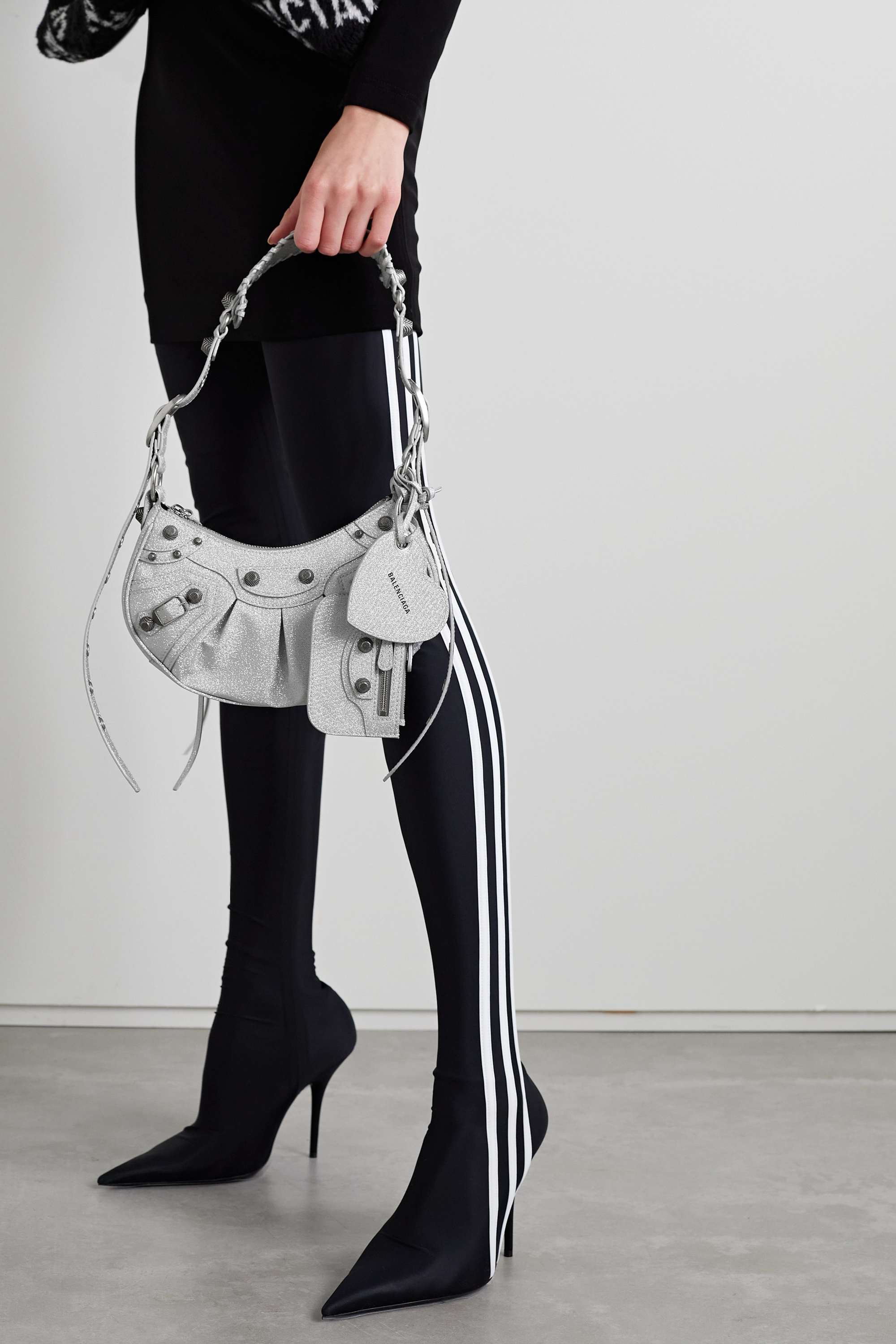 BALENCIAGA Le Cagole XS studded metallic canvas shoulder bag grey(Replica)