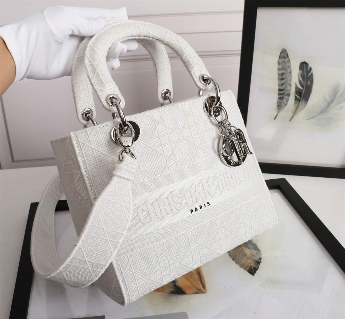 TOP Christian Dior Lady D-Lite Bag Cannage Embroidery Medium - white
