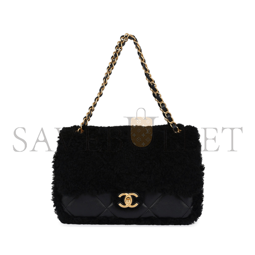 CHANEL MASTER MEDIUM SHEARLING FLAP BAG BLACK LAMBSKIN BRUSHED GOLD HARDWARE  (23.5*16*7.5cm)