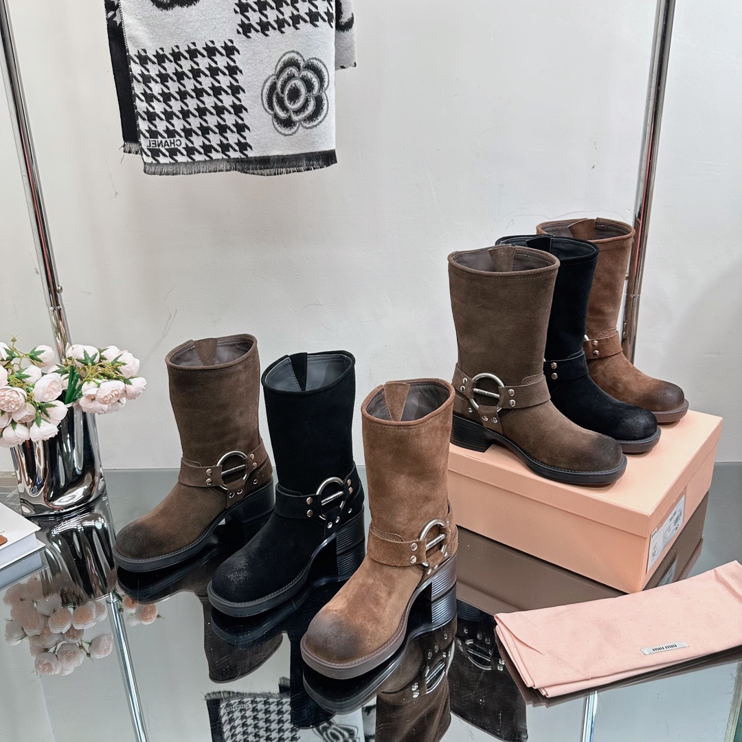 TOP Miu Miu Retro Western Catwalk Motorcycle Middle Boots - 3 Colors - Suede with 1 Buckle