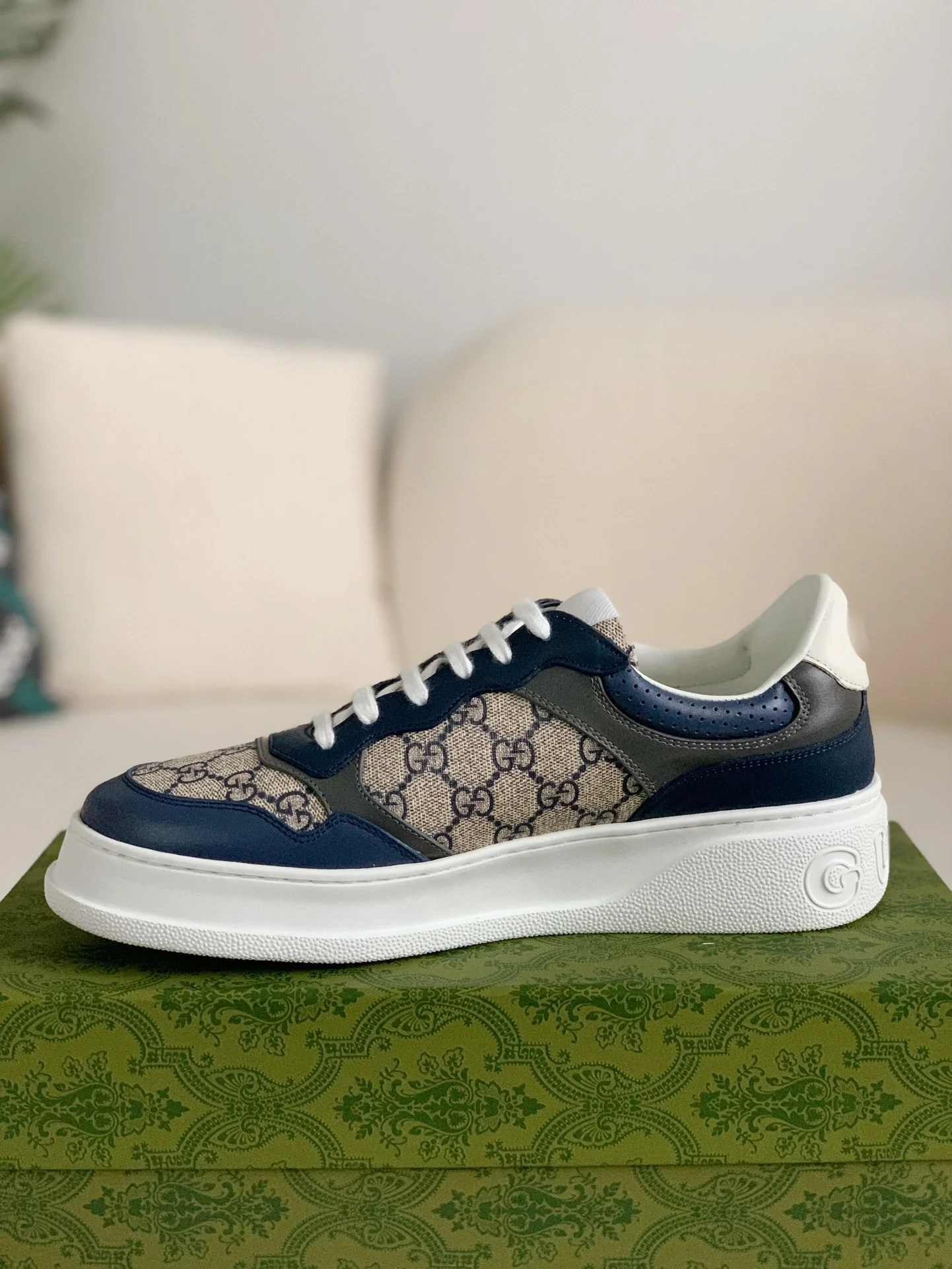 AAAShose Monogram Jacquard Patchwork Platform Sneakers, Navy Blue Leather Low Top Thick Sole Casual Street Shoes Unisex