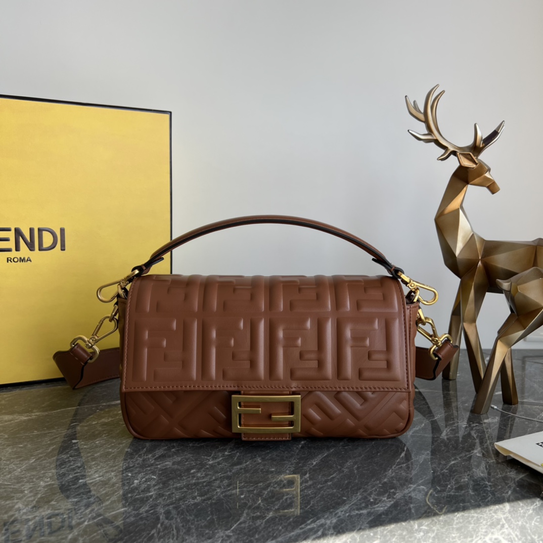 TOP FENDI Baguette FF Sheepskin Bag 26x13x6 cm-Brown
