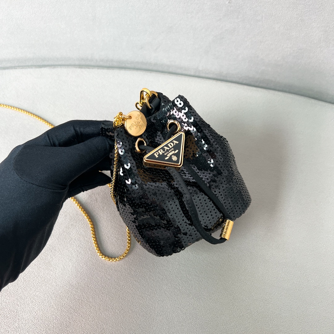 TOP PRADA Sequined Satin Mini-Pouch 10 x 12 x 7 cm- Black