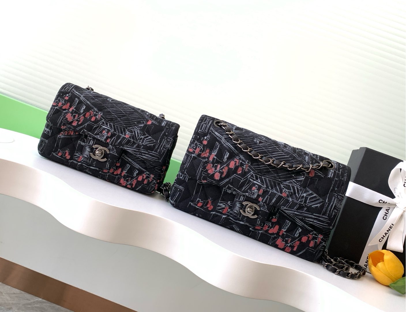 TOP CHANEL Canvas Printed Flap Bag 20cm/25cm - Black