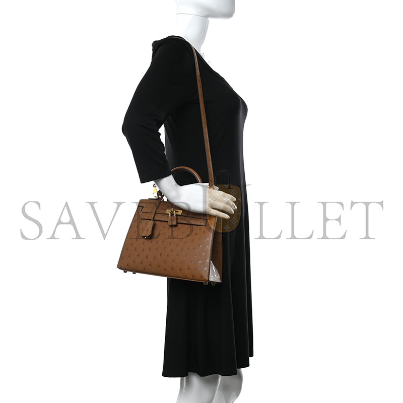 HERMÈS KELLY 25 OSTRICH LEATHER VELVET GREEN AND ROYAL BLUE BRUSHED GOLD BUCKLE (25*17*7cm)
