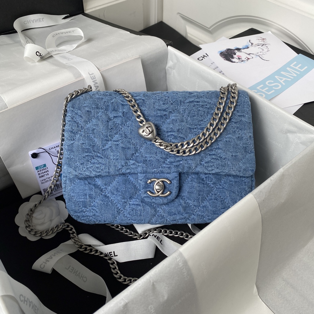 TOP CHANEL Cowboy Classic Flap Bag 14X20x8cm/19X24x9cm - SHW - Blue