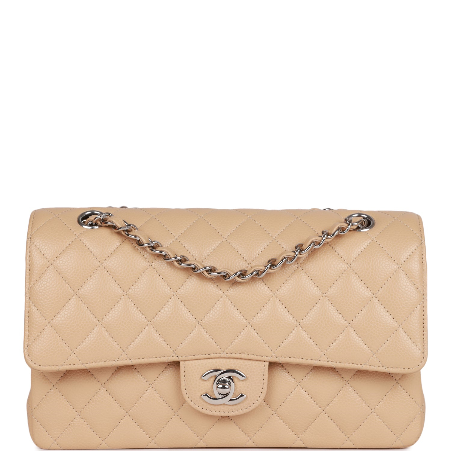Chanel Classic Flag Bag Medium Classic Double Flap Bag Beige Caviar Silver Hardware