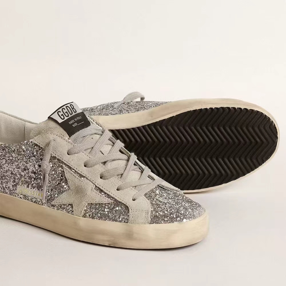 Golden Goose Silver glitter Super-Star with ice grey suede star pattern (Replica)