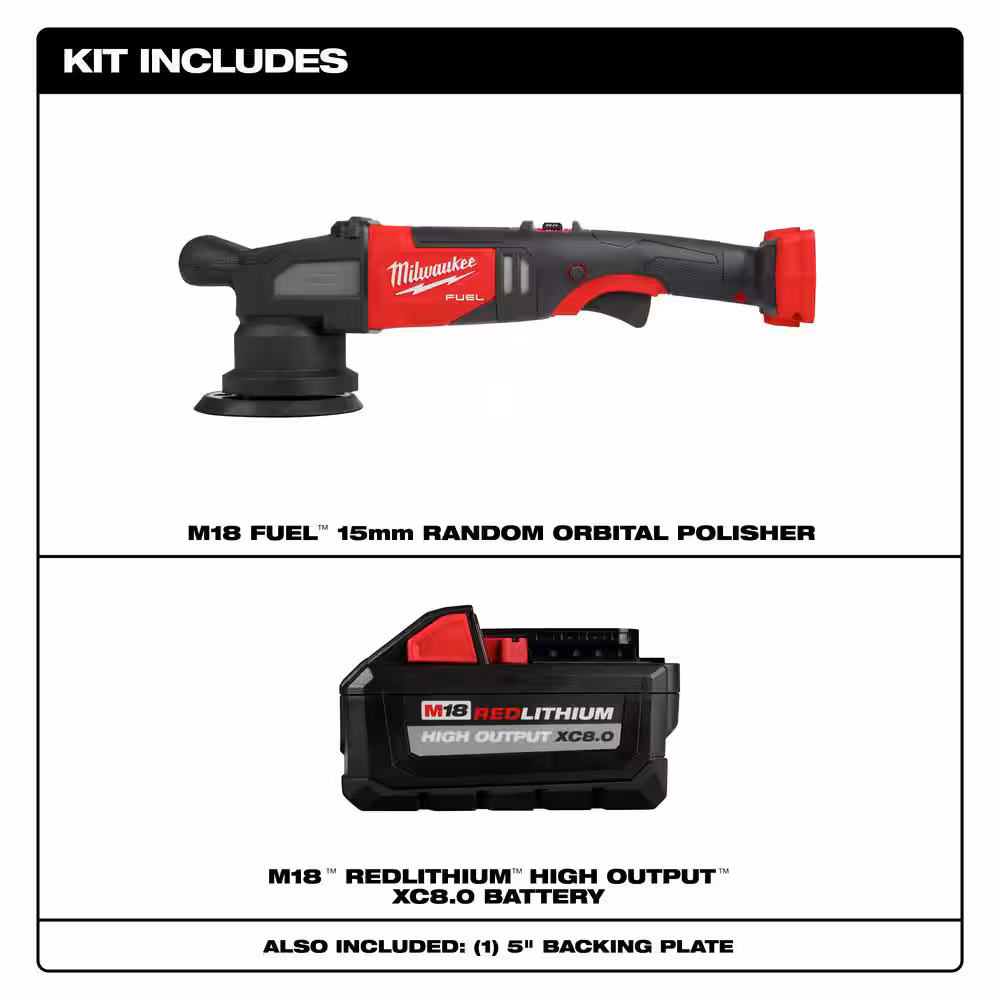M18 FUEL18V Lithium-Ion Brushless Cordless 15MM DA Polisher (Tool-Only) w/HIGH OUTPUT XC 8.0 Ah Battery