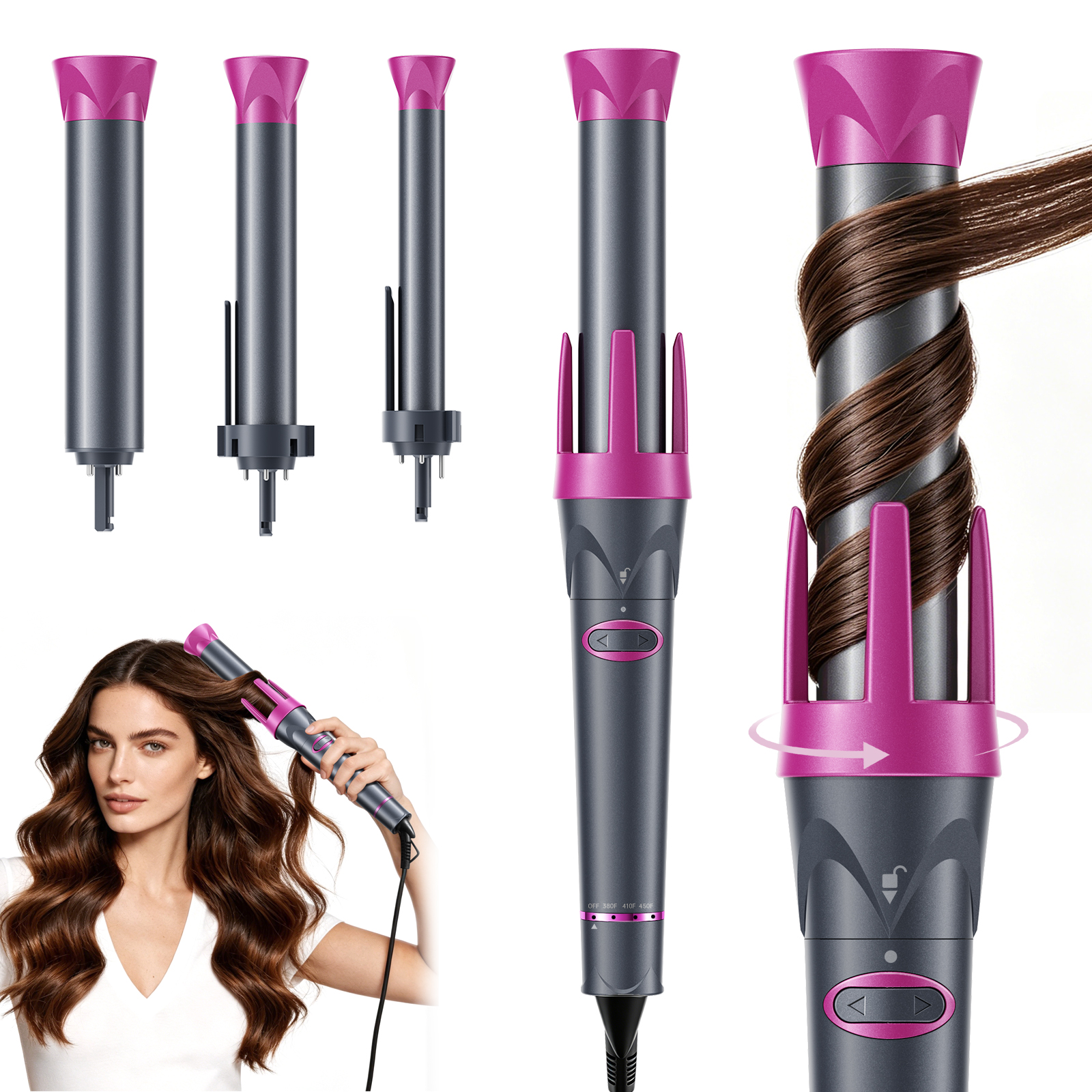 Ecorio Automatic 3 in 1 Hair Curler with 0.75inch/1inch/1.25inch Interchangeable Ceramic Barrels
