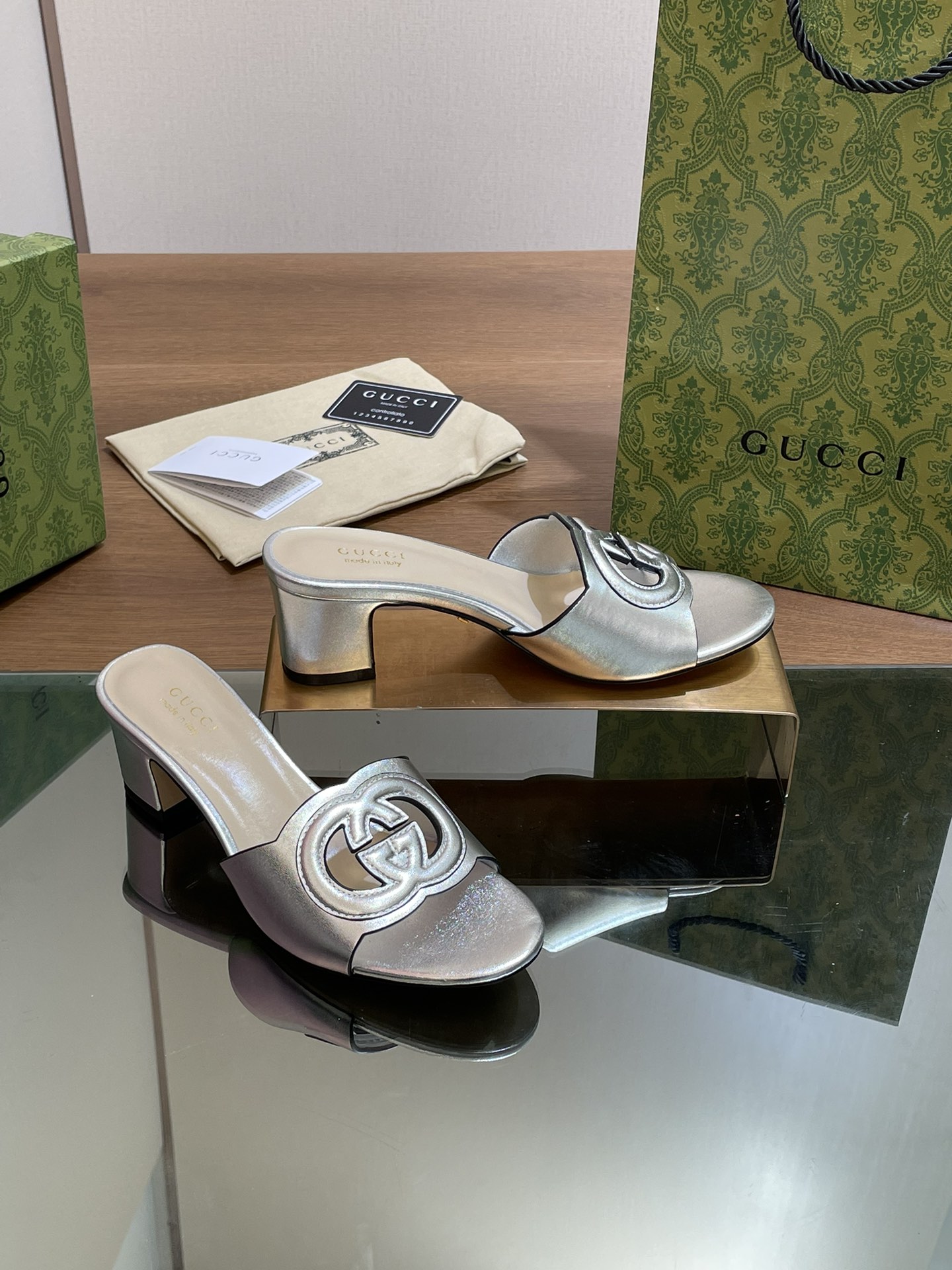 TOP GUCCI GG Hollow Mid Heel Slippers - 9 Color