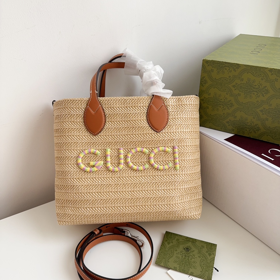 TOP GUCCI Woven Bag 26x25x11cm - Khaki