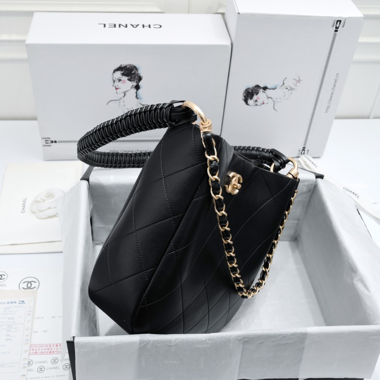 TOP CHANEL 23A Hobo Handbag Hippie Bag 26*25*7.5CM - Black&GHW