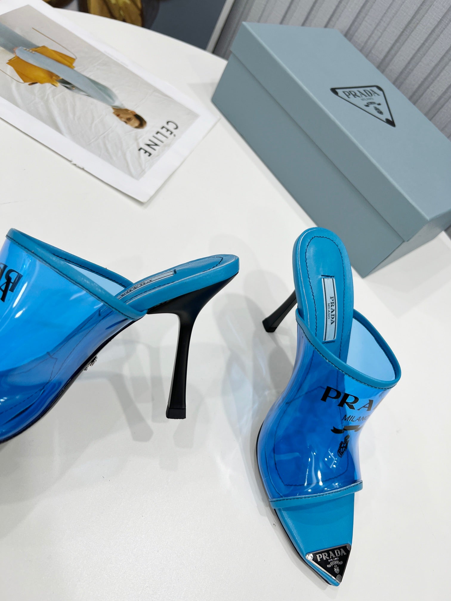 TOP PRADA Logo-print Plexiglas High-heel Slides - Blue