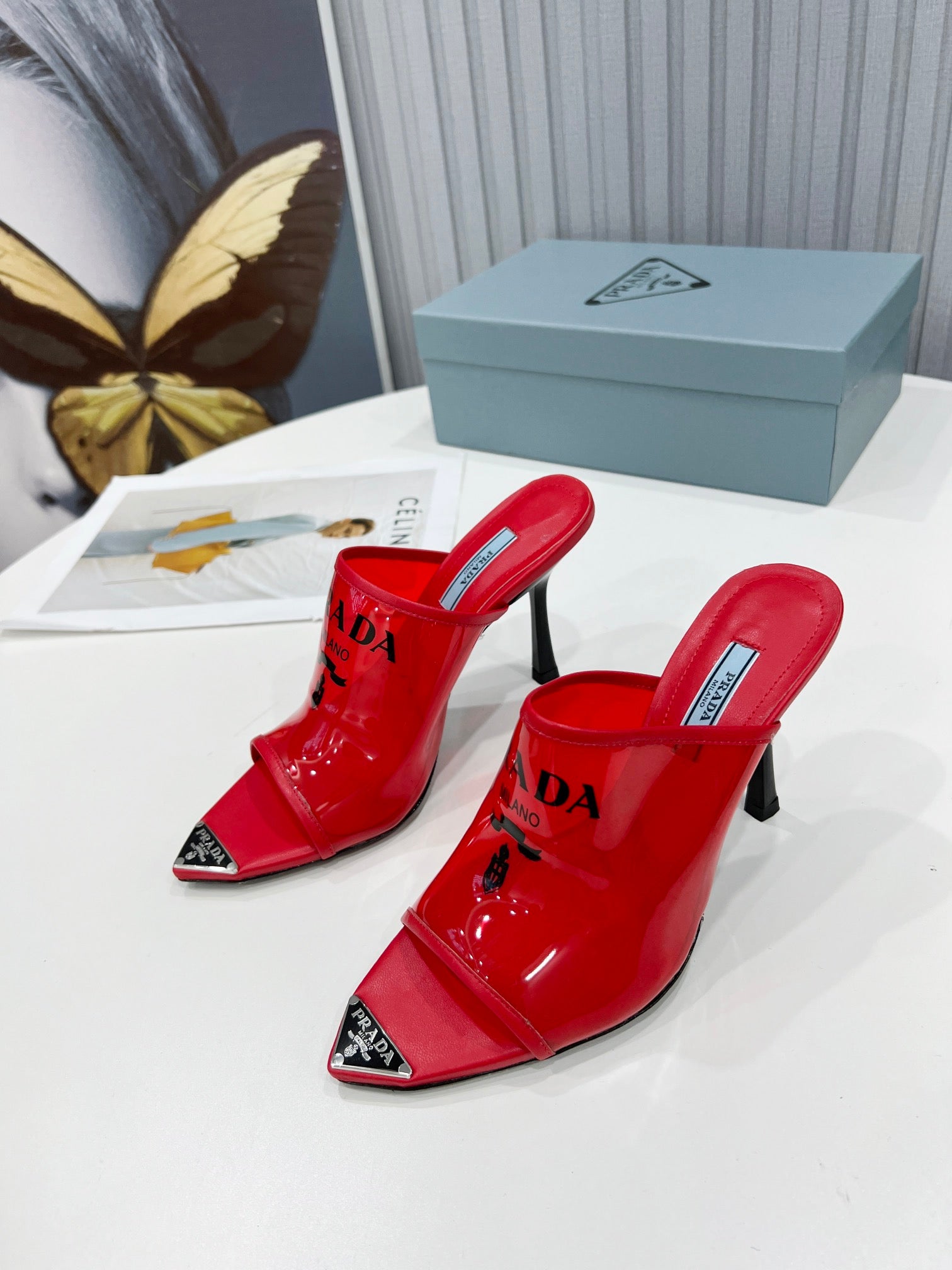 TOP PRADA Logo-print Plexiglas High-heel Slides - Red