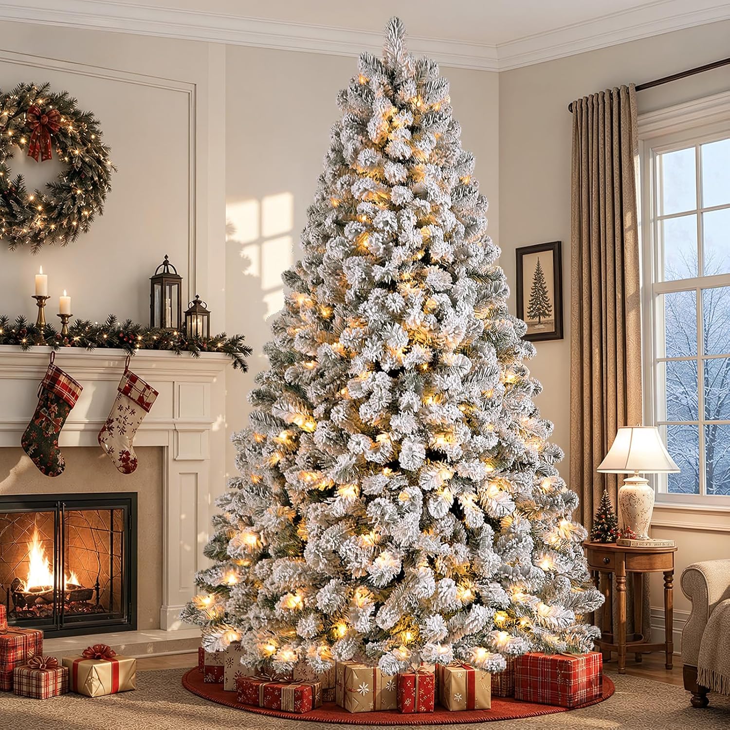 SHareconn 9ft Snow Flocked Spruce Pre-lit Artificial Christmas Tree, White