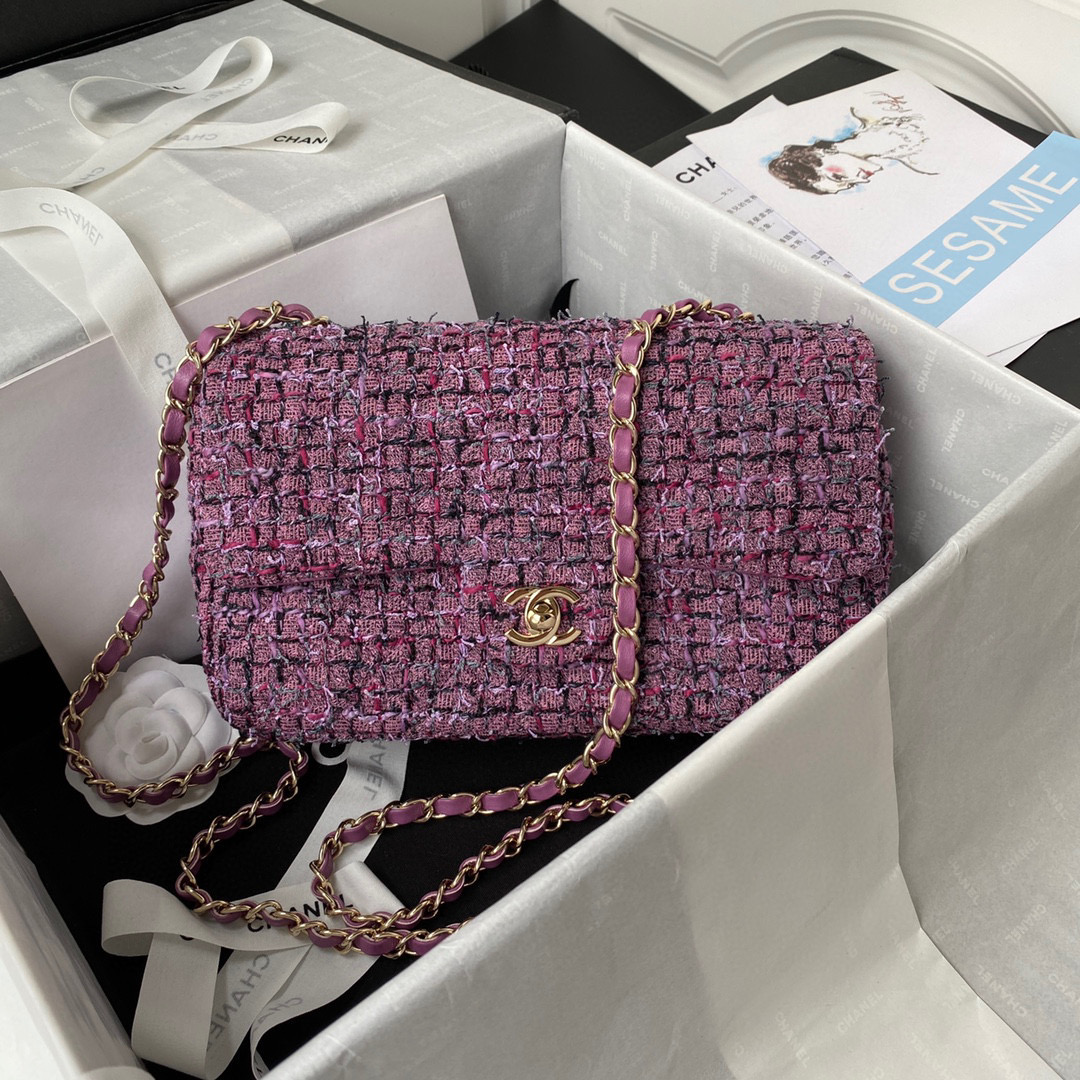 TOP CHANEL Classic Flap Bag Tweed Medium 25.5cm - Pink & GHW