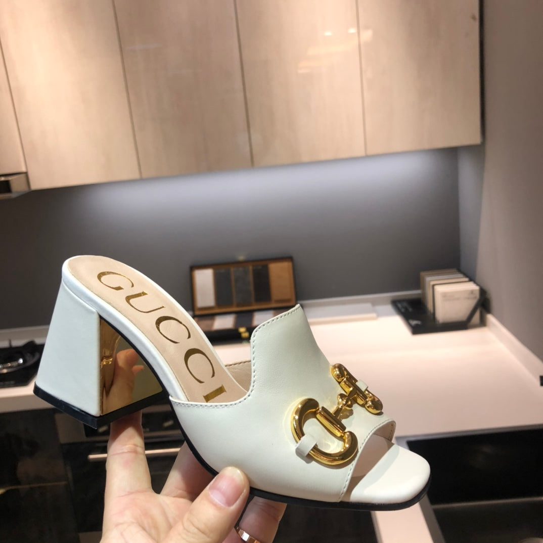 TOP GUCCI G*G Horsebit Slide Sandal Block Heels - White