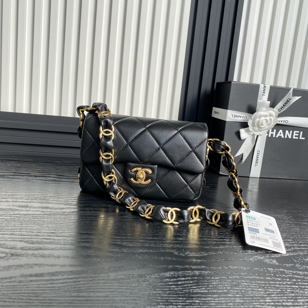 TOP CHANEL Flap Bag with Big Chain Strap 16cm/21cm/26cm - Black