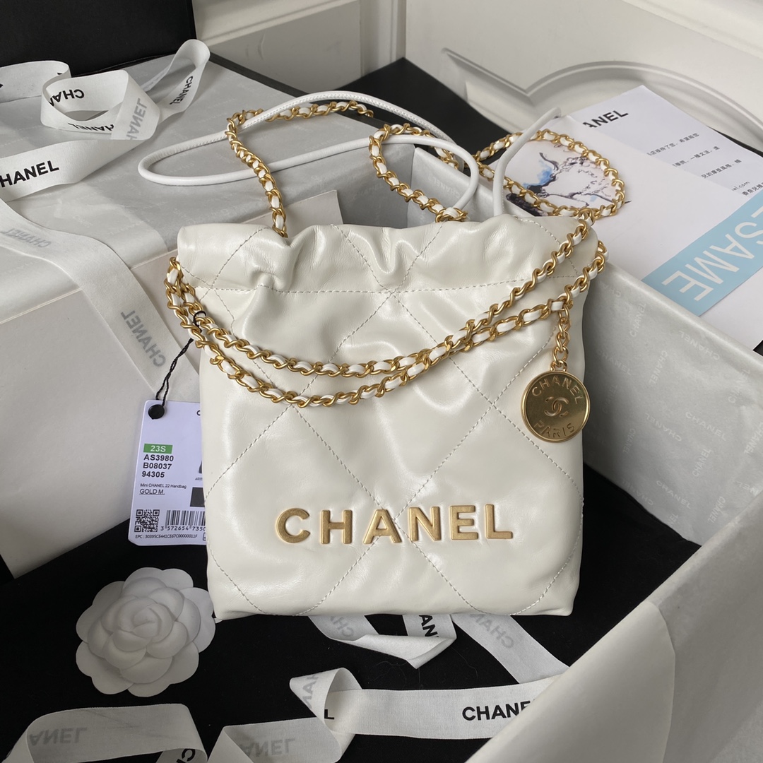 TOP CHANEL mini22 Quilted Gold Chain Small Bag 19x20x6cm - White