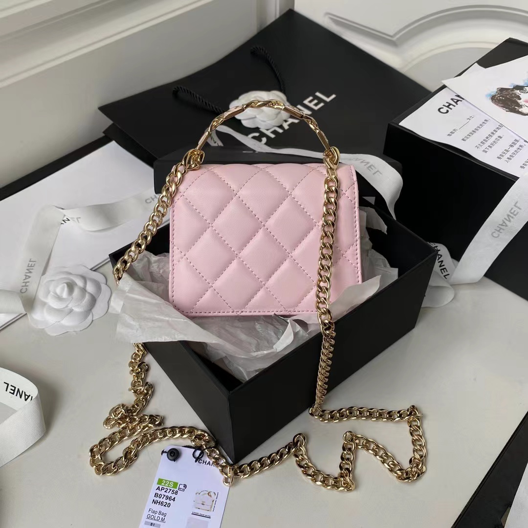 TOP CHANEL Flap Bag Lambskin Enamel Handle 9.5x13x6cm - Pink