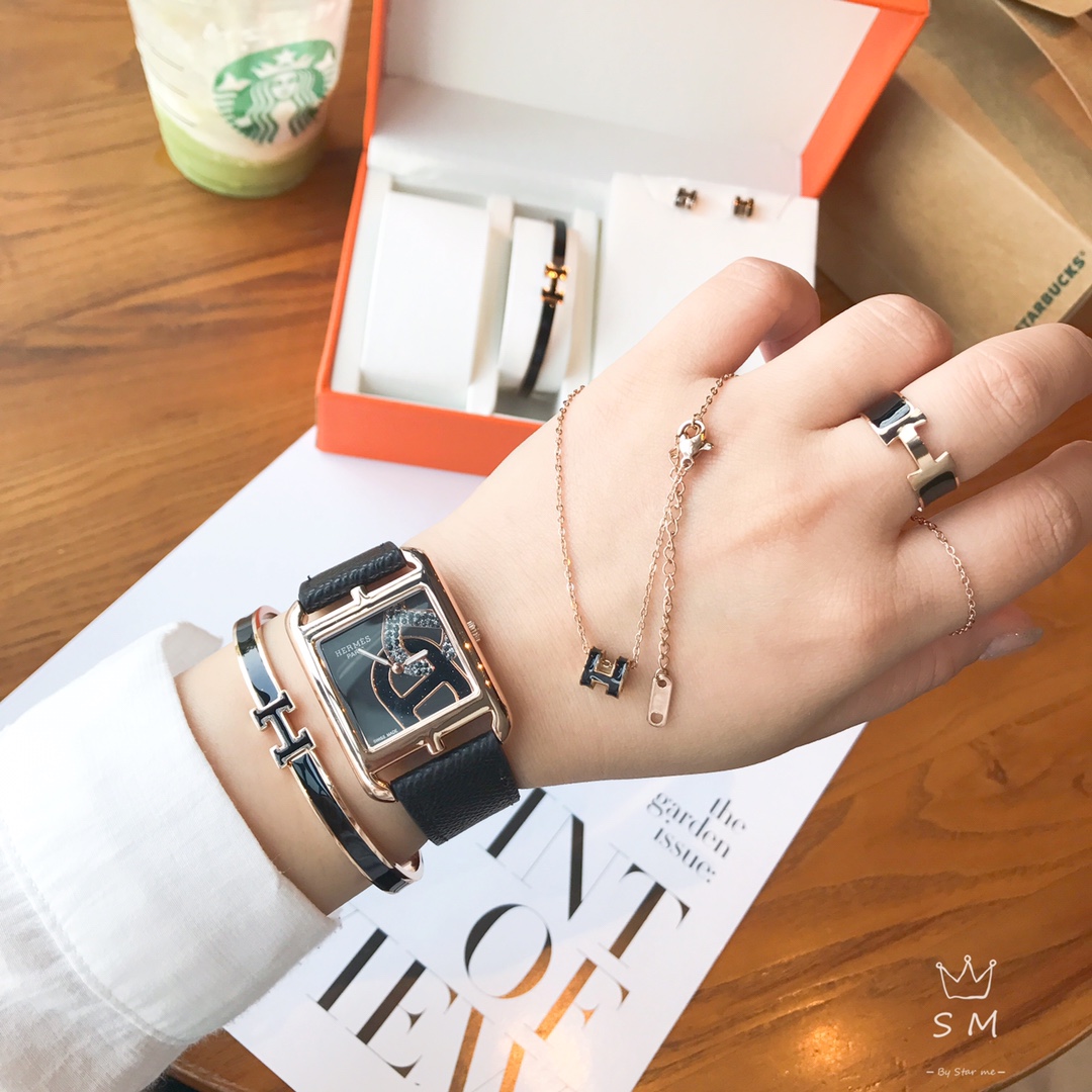 TOP HERMES H Logo Watch Bracelet Necklace Earrings Ring Set
