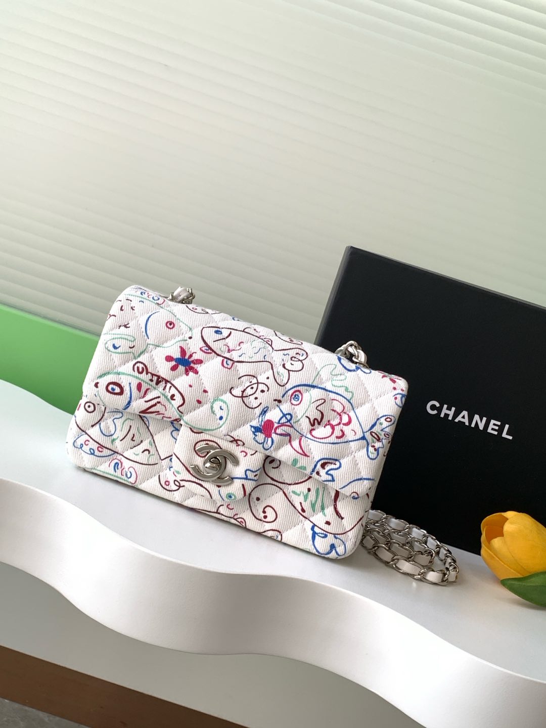 TOP CHANEL Printed Flap Bag Canvas 20cm/25cm - White&SHW
