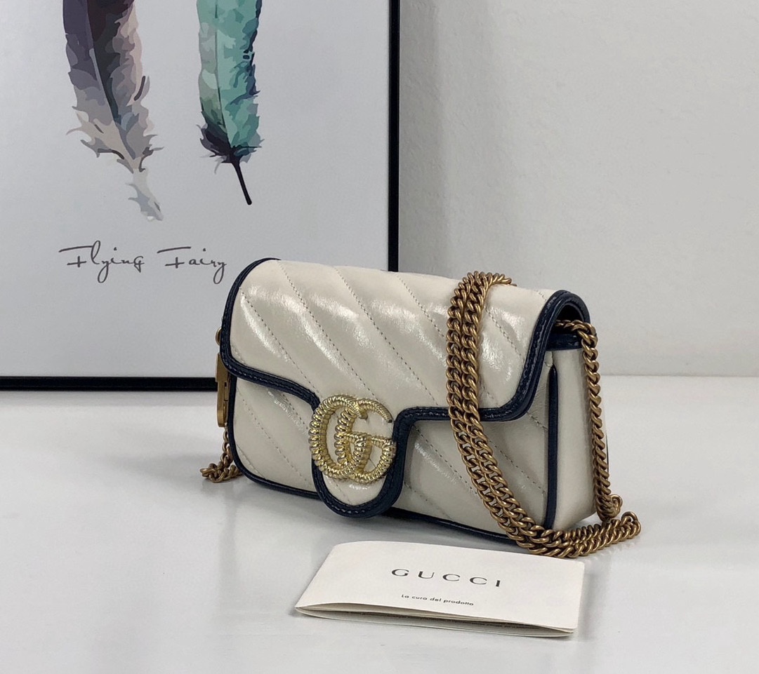 TOP GUCCI Leather Super Mini GG Marmont Bags 16.5x10x4.5cm - Off white & GHW