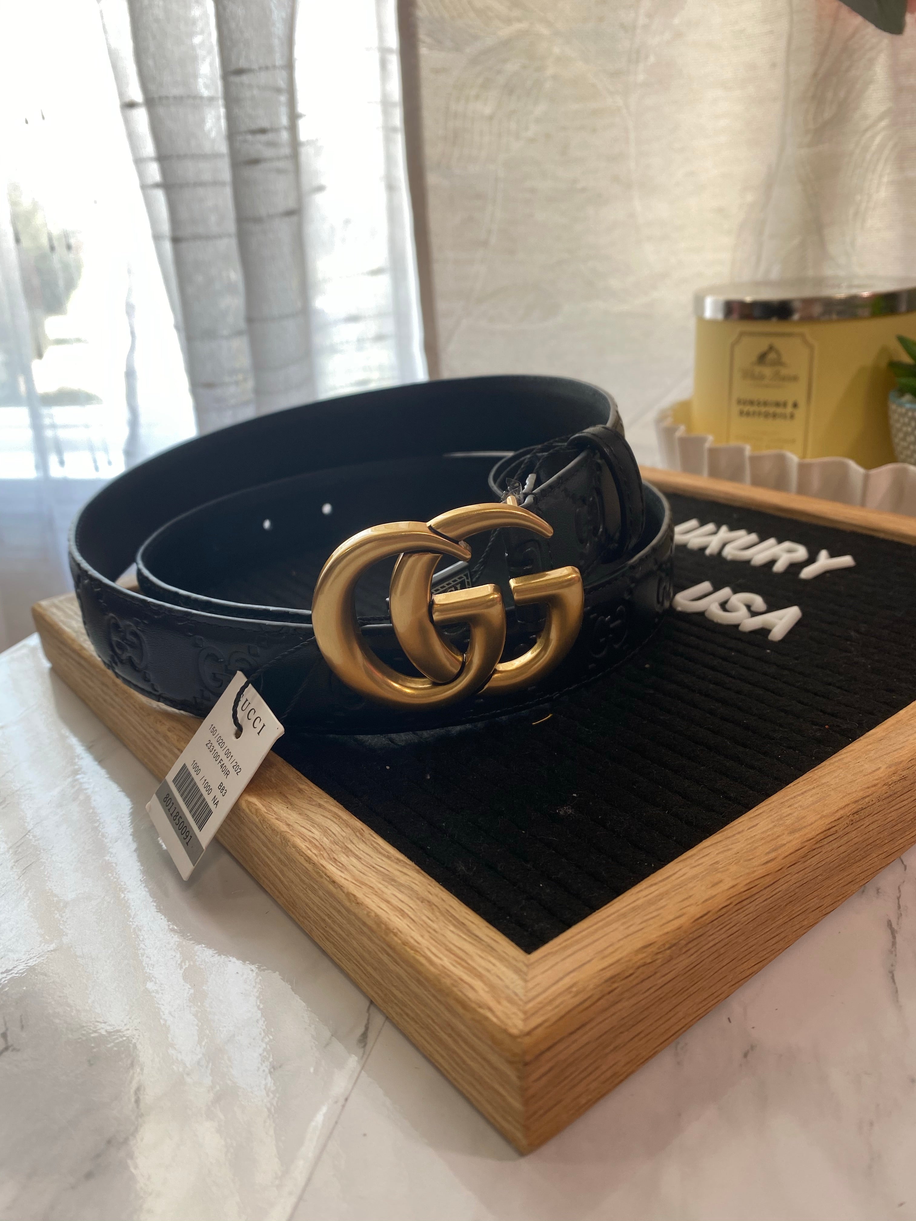 TOP GUCCI Embossed Belt 3.8cm - BLACK