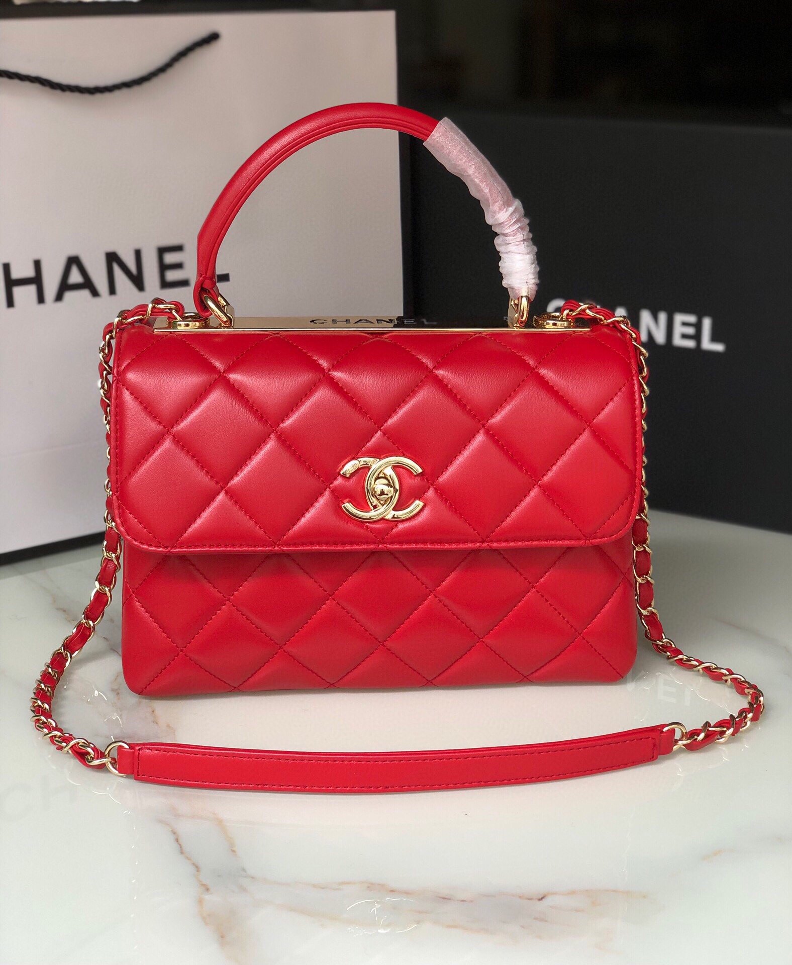 TOP CHANEL Trendy CC Handle Bag 25×12×17CM - Red&GHW