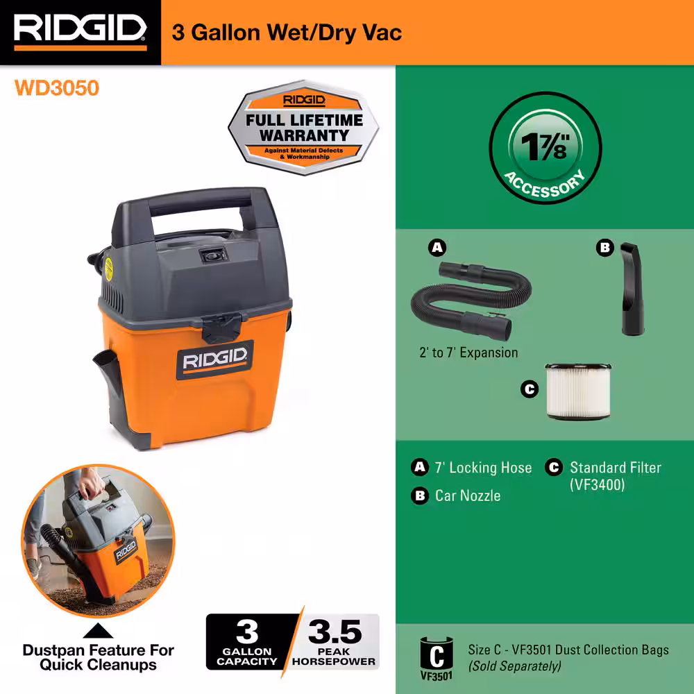 3 Gal 3.5 Peak HP Handheld Shop Vac Wet Dry Vacuum with RIDGID SWEEP Dust Pan, Filter, Locking Hose and Car Nozzle