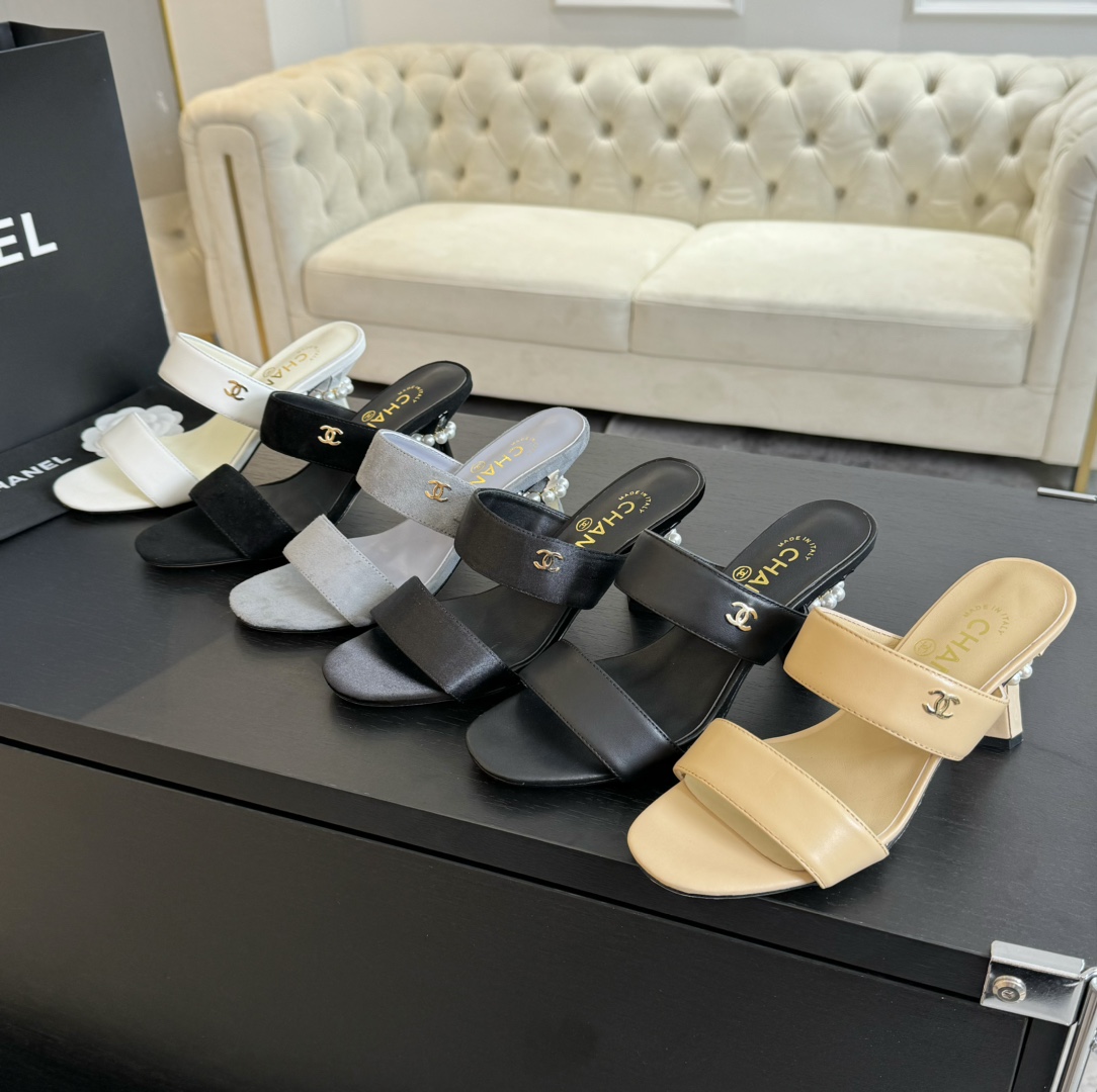 TOP CHANEL Pearl Heel 6.5cm High Heel Slides - 6 Color