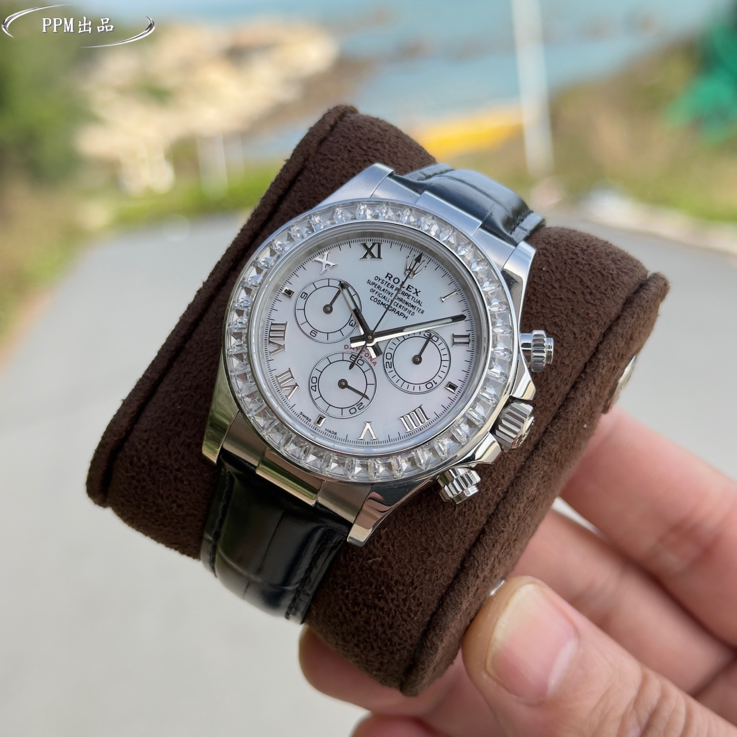 Rolex Daytona Cosmograph Automatic Chronograph Men Watch, Diamond Bezel, White Mother of Pearl Dial, Black Crocodile Leather Strap