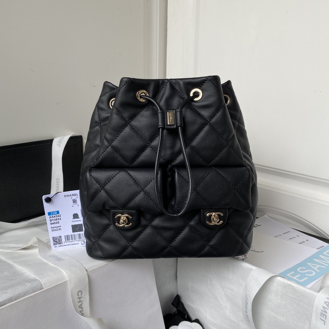 TOP CHANEL New 23B Cowhide Backpack Bag 22X21X13cm - Black