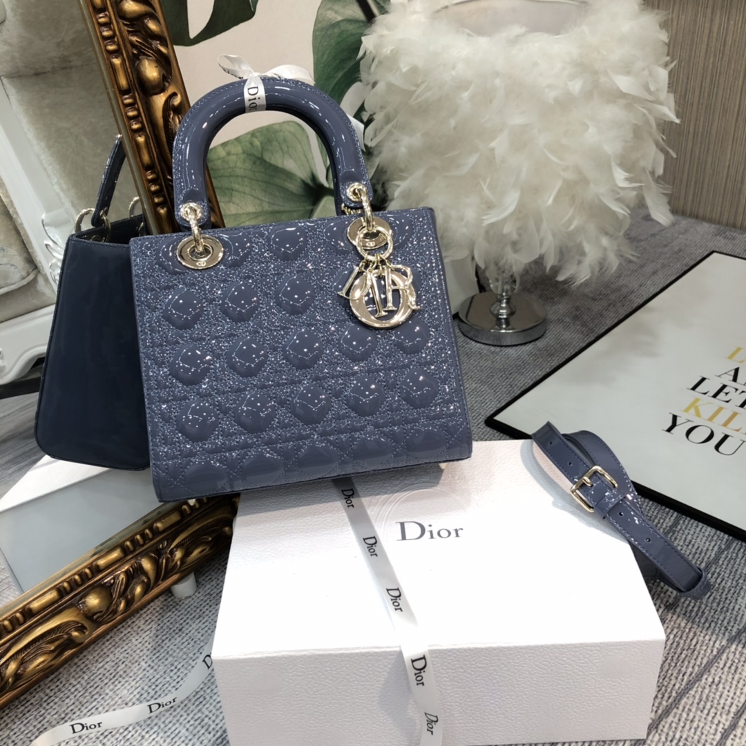 TOP Christian Dior 5-Grid Patent Leather Calf Leather Handbag 24*20*11cm - Denim Blue
