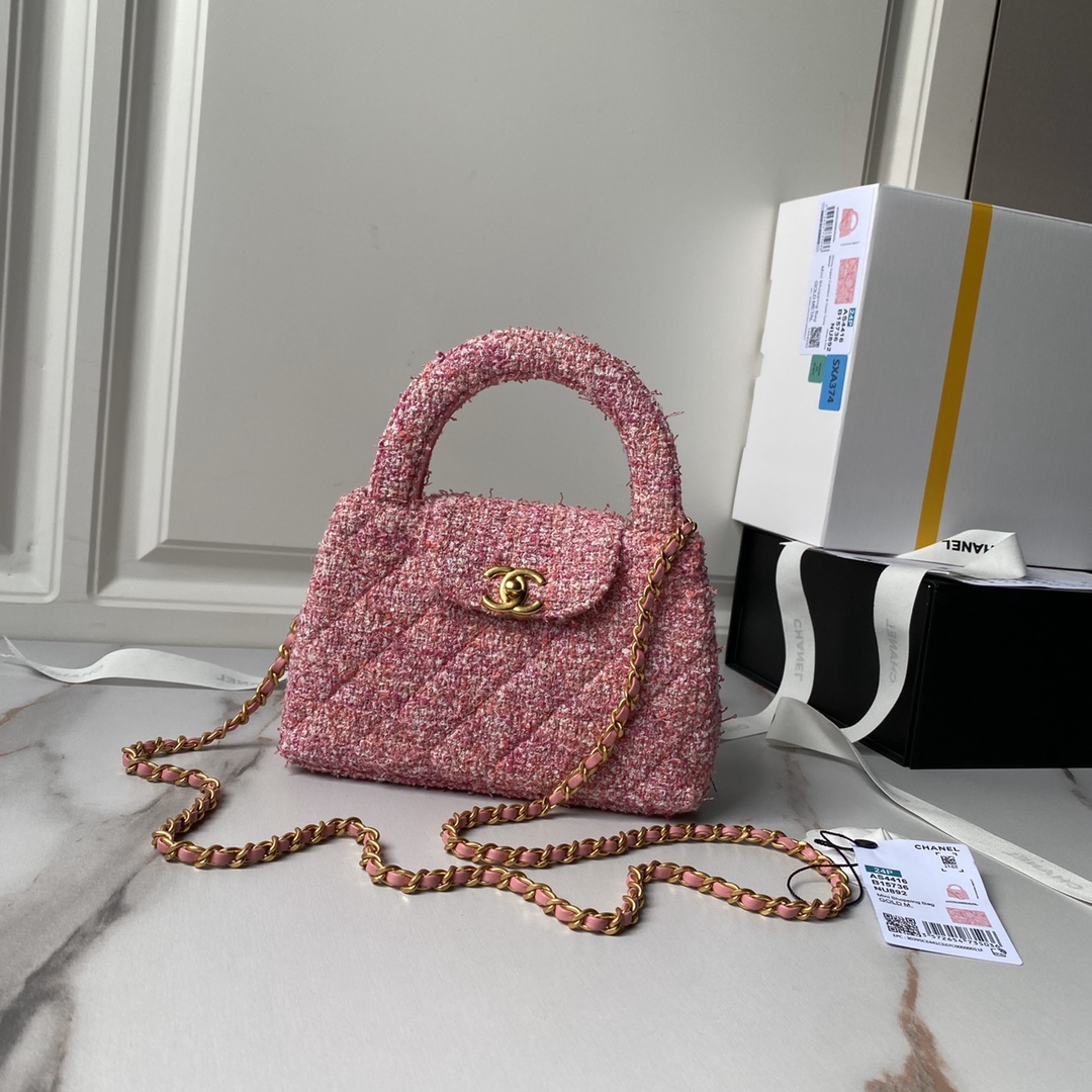 TOP CHANEL 24p Woolen Handbags - 12cm/19cm - GHW&Rose Red