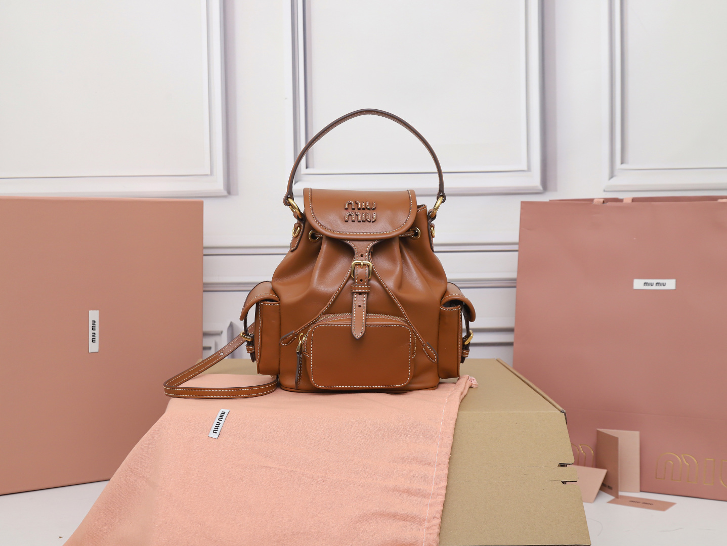 TOP Miu Miu Backpack Calfskin 22x18x11.5cm/29.5x25x12.5cm - Brown