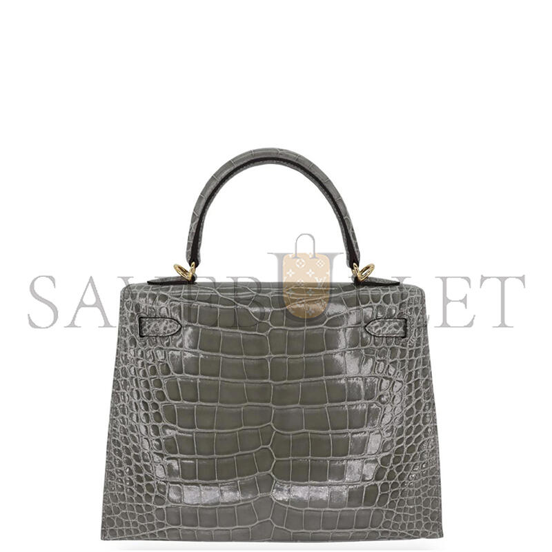 HERMÈS KELLY 25 SELLIER GRIS CEMENT SHINY ALLIGATOR GOLD HARDWARE (25*17*7cm)